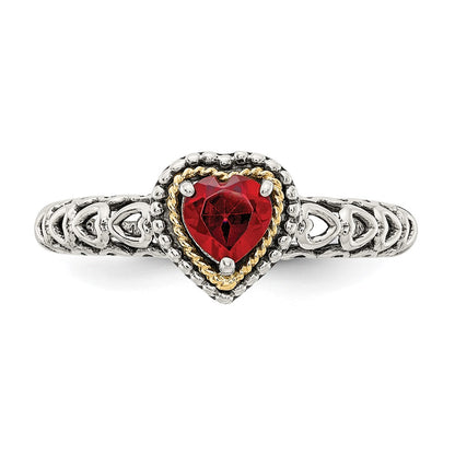 14K/Silver Two Tone Shey Couture Sterling Silver With 14K Accent Antiqued Heart Garnet Ring