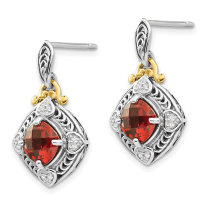 14K/Silver Two Tone Shey Couture Sterling Silver With 14K Accent Antiqued Diamond And Cushion Garnet Post Dangle Earrings