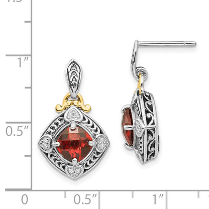 14K/Silver Two Tone Shey Couture Sterling Silver With 14K Accent Antiqued Diamond And Cushion Garnet Post Dangle Earrings