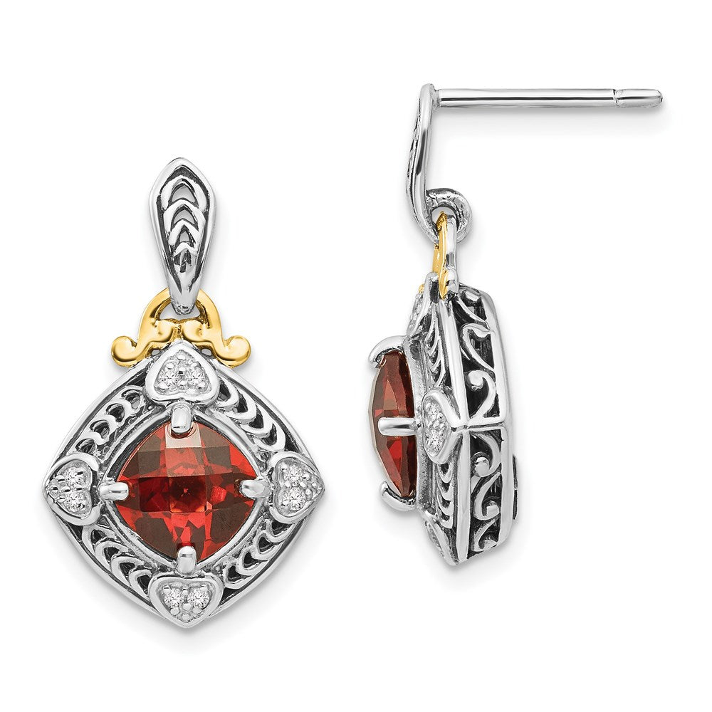 14K/Silver Two Tone Shey Couture Sterling Silver With 14K Accent Antiqued Diamond And Cushion Garnet Post Dangle Earrings