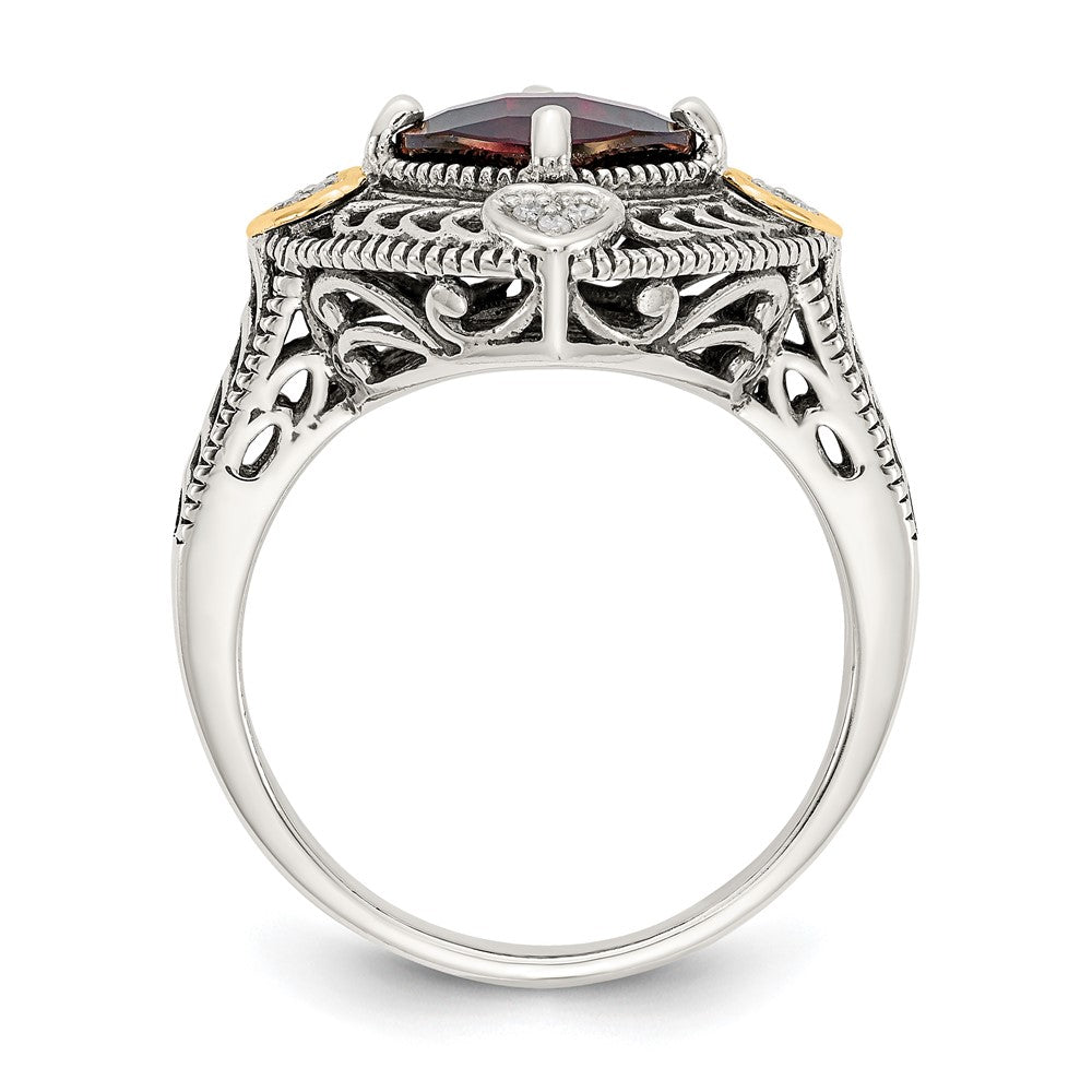 14K/Silver Two Tone Shey Couture Sterling Silver With 14K Accent Antiqued Diamond And Checkerboard Cushion Garnet Ring