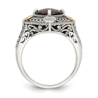 14K/Silver Two Tone Shey Couture Sterling Silver With 14K Accent Antiqued Diamond And Checkerboard Cushion Garnet Ring