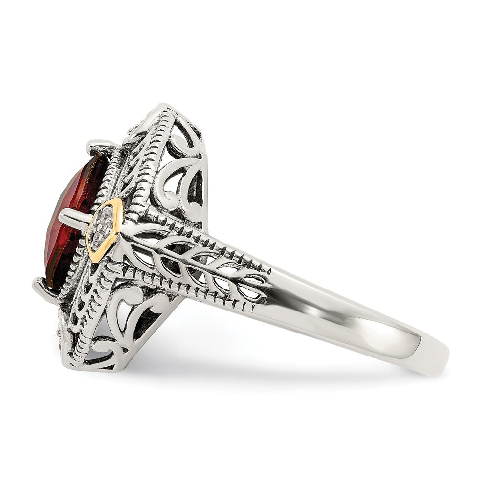 14K/Silver Two Tone Shey Couture Sterling Silver With 14K Accent Antiqued Diamond And Checkerboard Cushion Garnet Ring