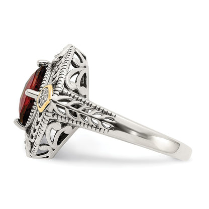 14K/Silver Two Tone Shey Couture Sterling Silver With 14K Accent Antiqued Diamond And Checkerboard Cushion Garnet Ring