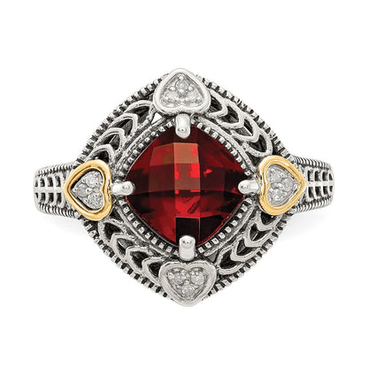 14K/Silver Two Tone Shey Couture Sterling Silver With 14K Accent Antiqued Diamond And Checkerboard Cushion Garnet Ring