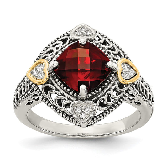 14K/Silver Two Tone Shey Couture Sterling Silver With 14K Accent Antiqued Diamond And Checkerboard Cushion Garnet Ring