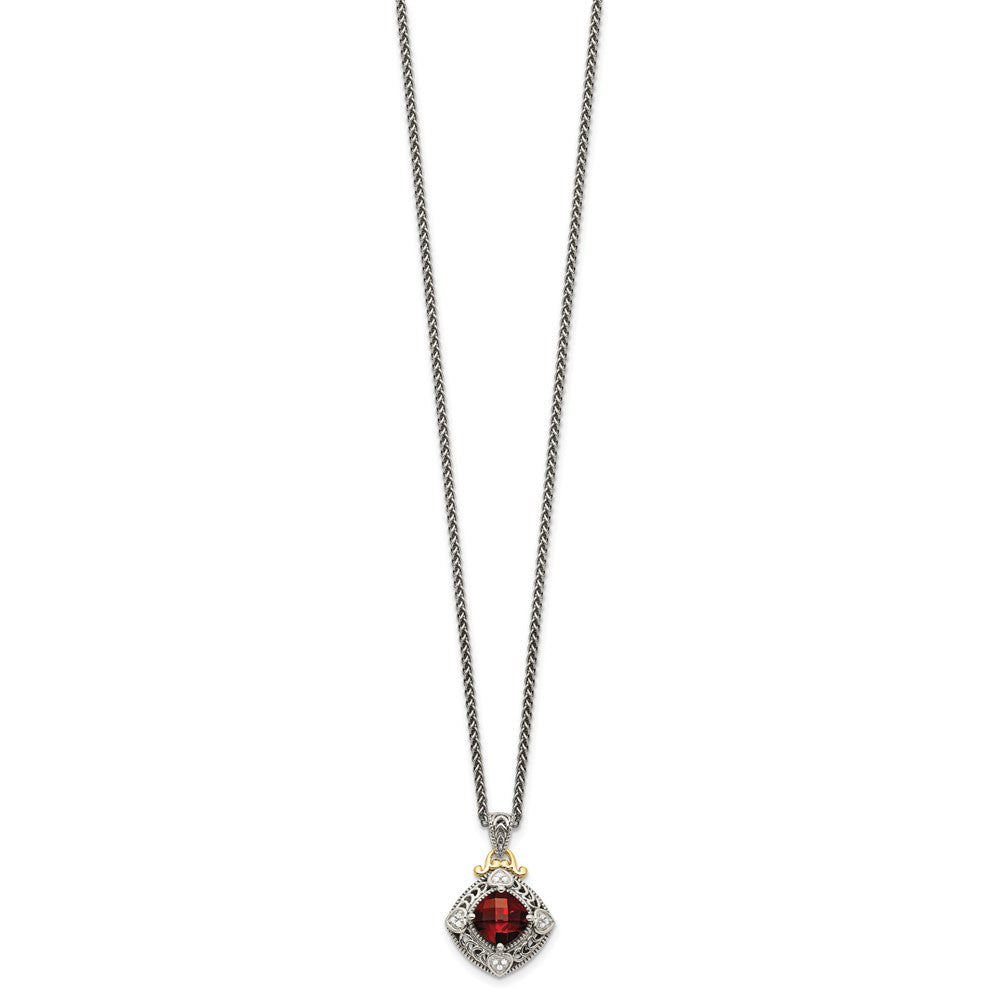 14K/Silver Two Tone Shey Couture Sterling Silver With 14K Accent 18 Inch Antiqued Diamond And Cushion Checkerboard Garnet Necklace