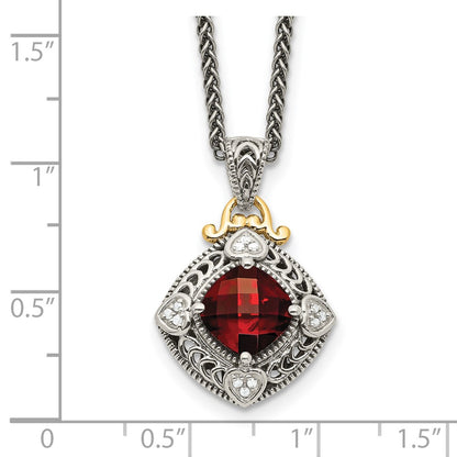 14K/Silver Two Tone Shey Couture Sterling Silver With 14K Accent 18 Inch Antiqued Diamond And Cushion Checkerboard Garnet Necklace