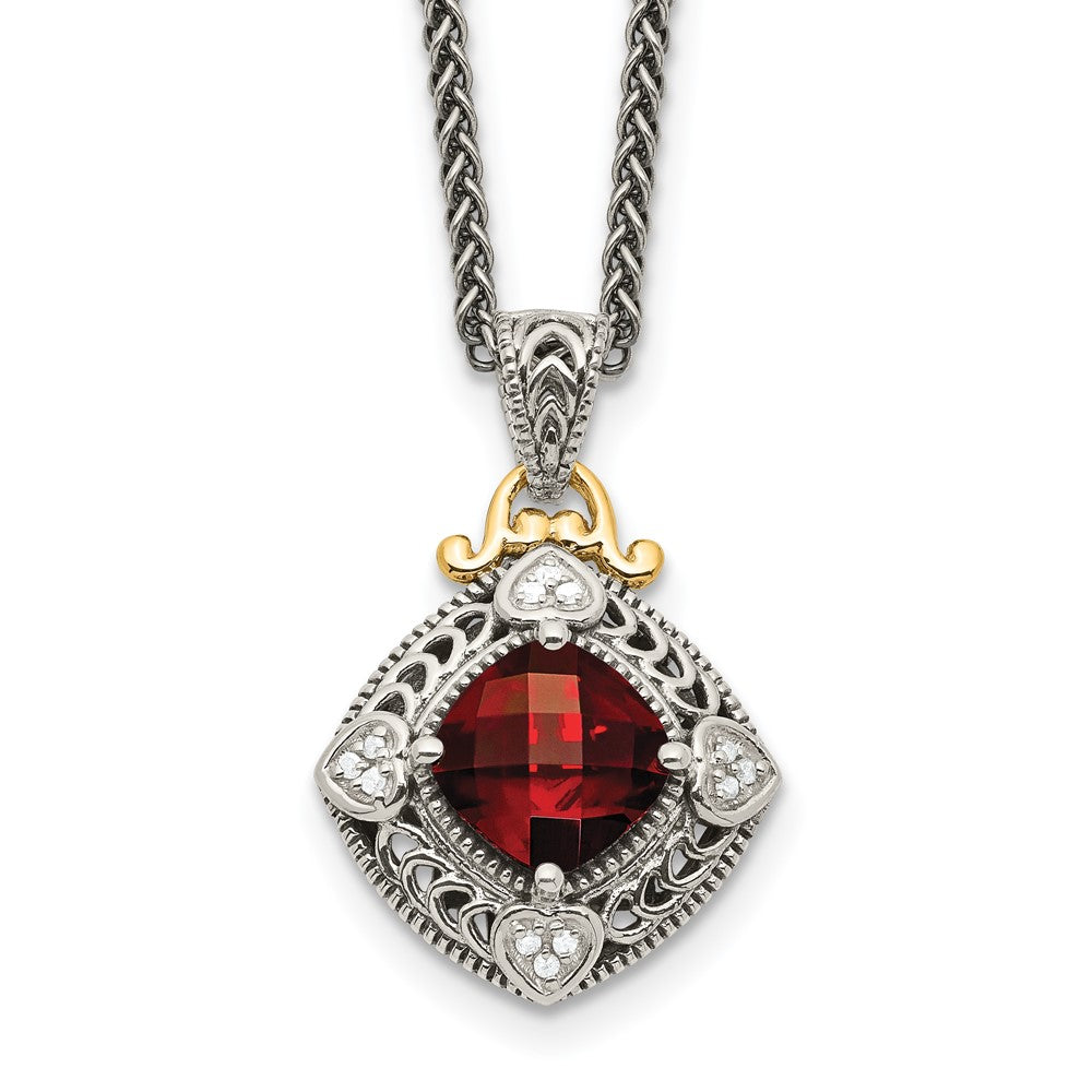 14K/Silver Two Tone Shey Couture Sterling Silver With 14K Accent 18 Inch Antiqued Diamond And Cushion Checkerboard Garnet Necklace