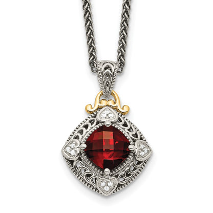 14K/Silver Two Tone Shey Couture Sterling Silver With 14K Accent 18 Inch Antiqued Diamond And Cushion Checkerboard Garnet Necklace