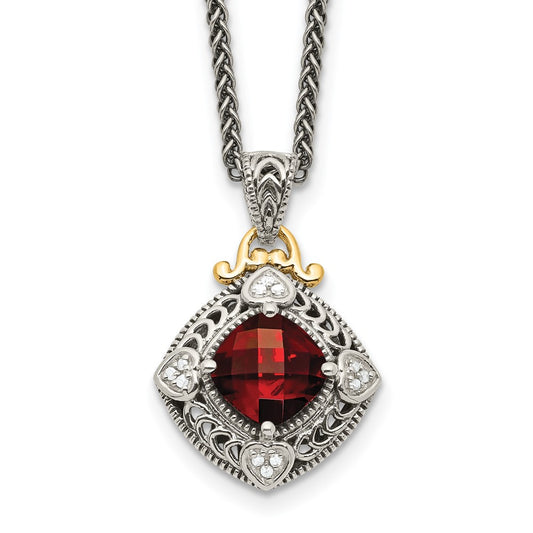 14K/Silver Two Tone Shey Couture Sterling Silver With 14K Accent 18 Inch Antiqued Diamond And Cushion Checkerboard Garnet Necklace