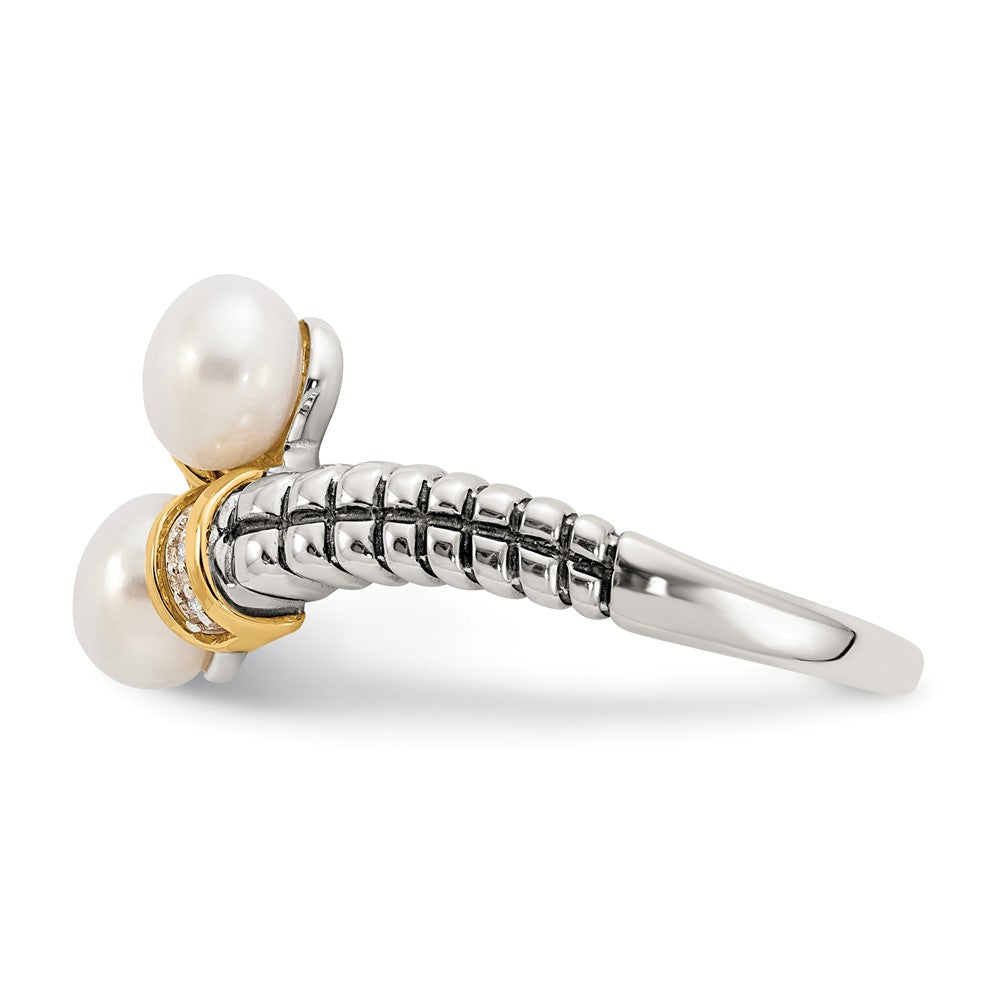 14K/Silver Two Tone Shey Couture Sterling Silver With 14K Accent Antiqued 5.5 6mm Freshwater Cultured Pearl And Diamond By Pass Ring