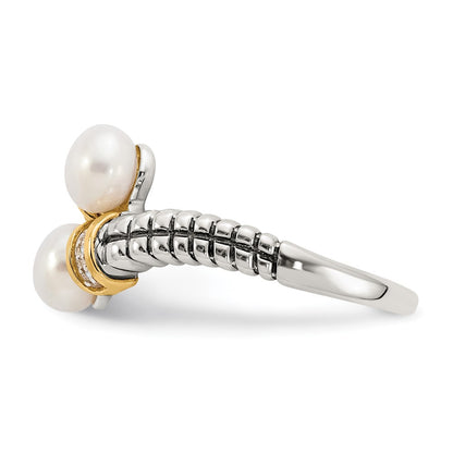 14K/Silver Two Tone Shey Couture Sterling Silver With 14K Accent Antiqued 5.5 6mm Freshwater Cultured Pearl And Diamond By Pass Ring
