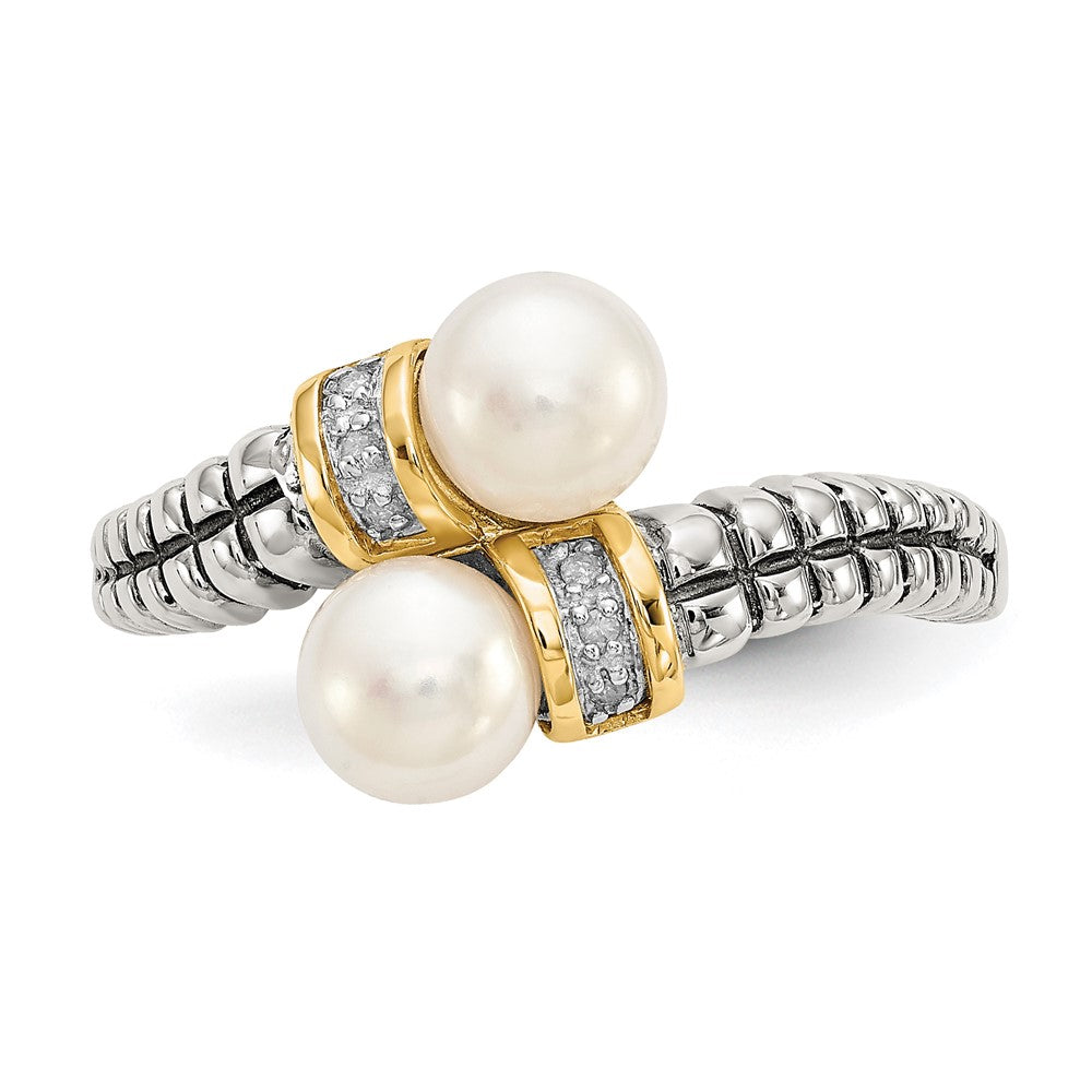 14K/Silver Two Tone Shey Couture Sterling Silver With 14K Accent Antiqued 5.5 6mm Freshwater Cultured Pearl And Diamond By Pass Ring