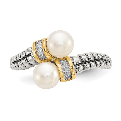 14K/Silver Two Tone Shey Couture Sterling Silver With 14K Accent Antiqued 5.5 6mm Freshwater Cultured Pearl And Diamond By Pass Ring