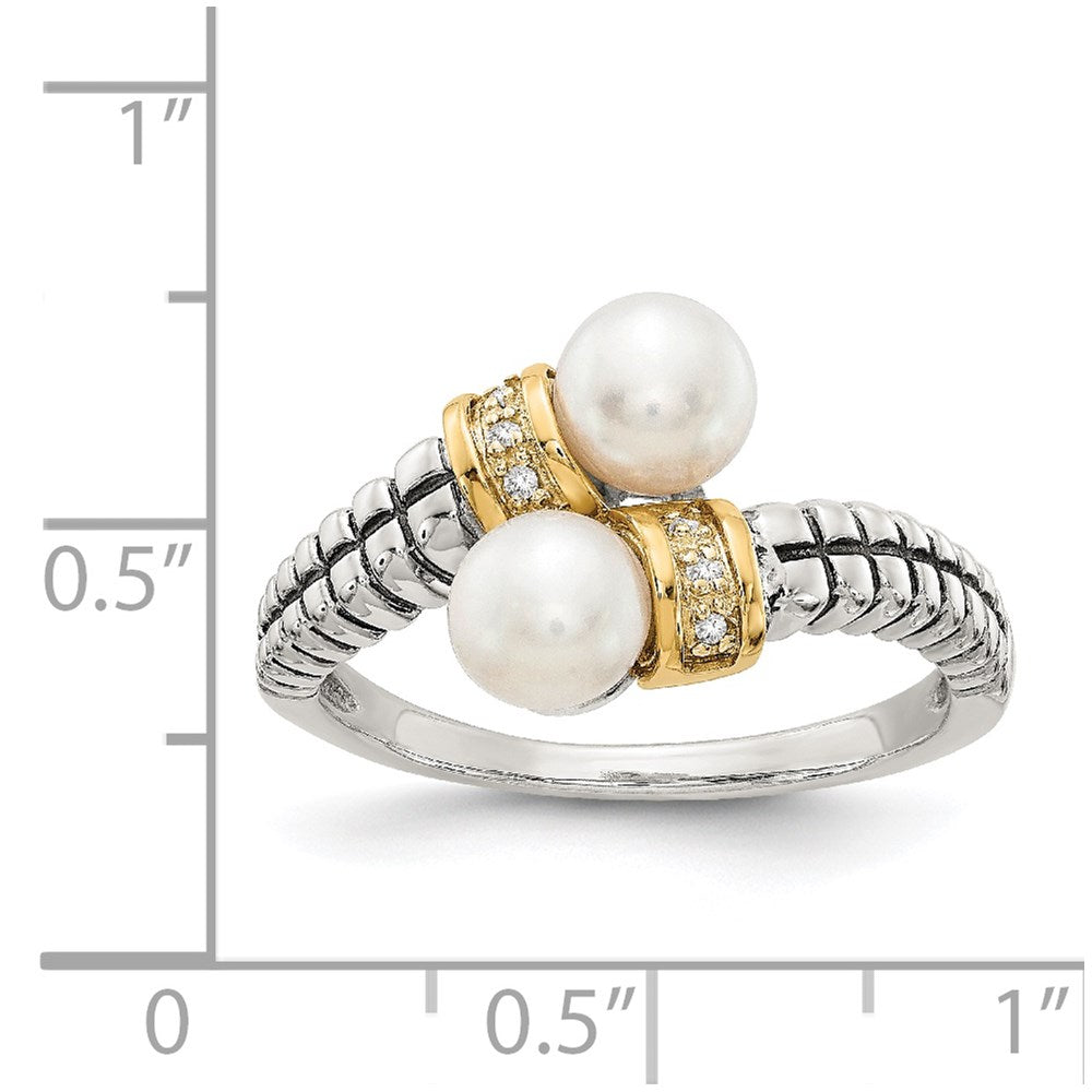 14K/Silver Two Tone Shey Couture Sterling Silver With 14K Accent Antiqued 5.5 6mm Freshwater Cultured Pearl And Diamond By Pass Ring