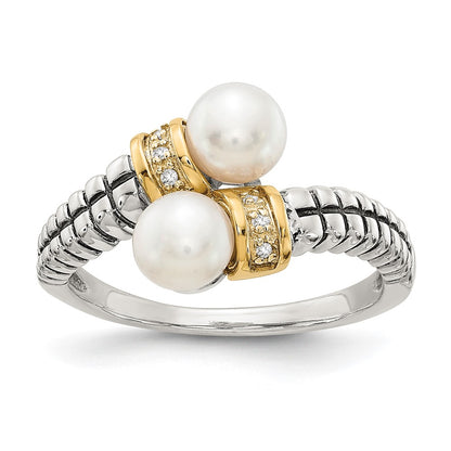 14K/Silver Two Tone Shey Couture Sterling Silver With 14K Accent Antiqued 5.5 6mm Freshwater Cultured Pearl And Diamond By Pass Ring