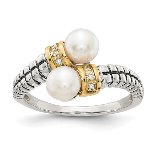 14K/Silver Two Tone Shey Couture Sterling Silver With 14K Accent Antiqued 5.5 6mm Freshwater Cultured Pearl And Diamond By Pass Ring