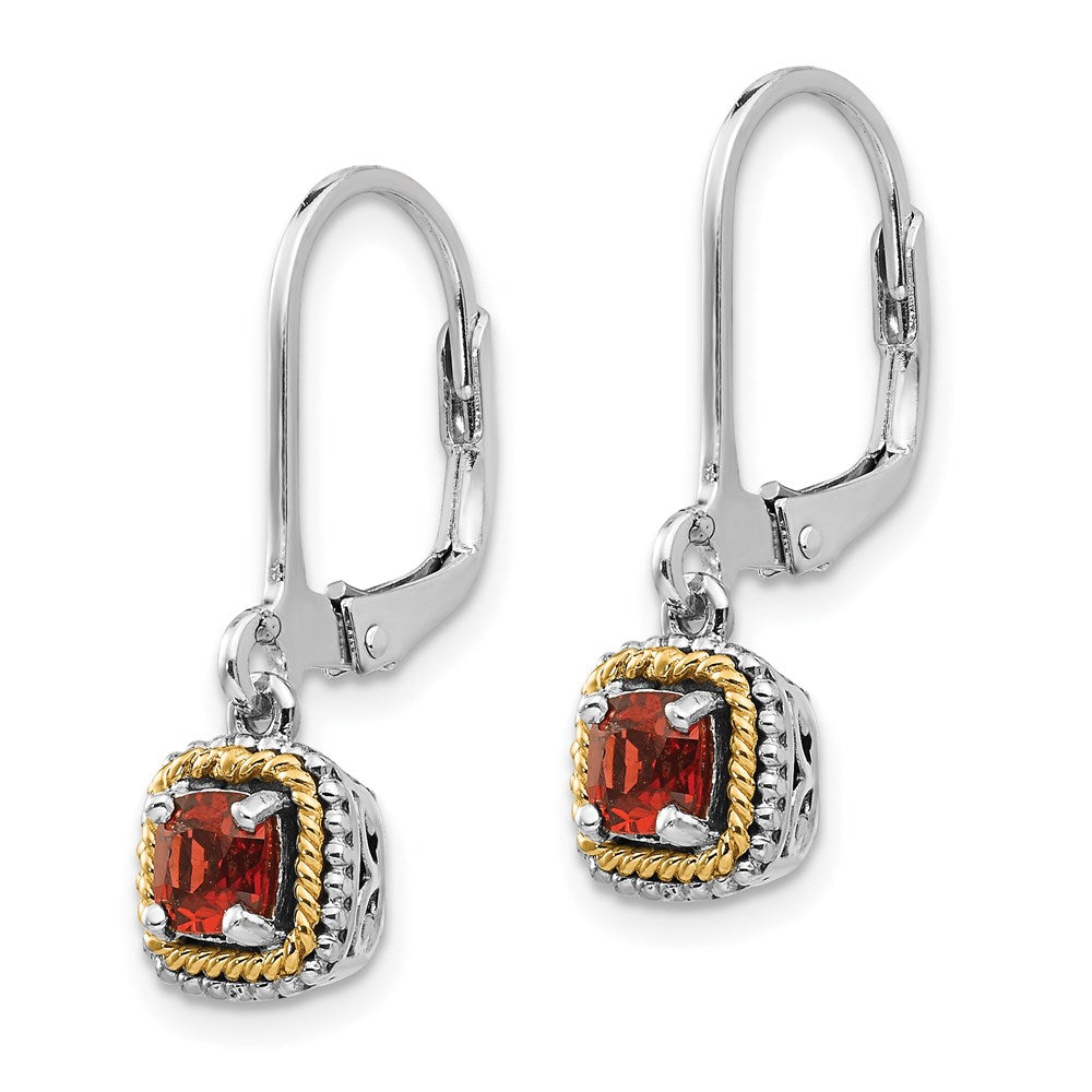 14K/Silver Two Tone Shey Couture Sterling Silver With 14K Accent Antiqued Cushion Garnet Leverback Earrings