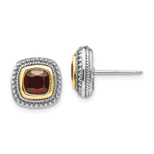 14K/Silver Two Tone Shey Couture Sterling Silver With 14K Accent Antiqued Cushion Bezel Garnet Post Earrings