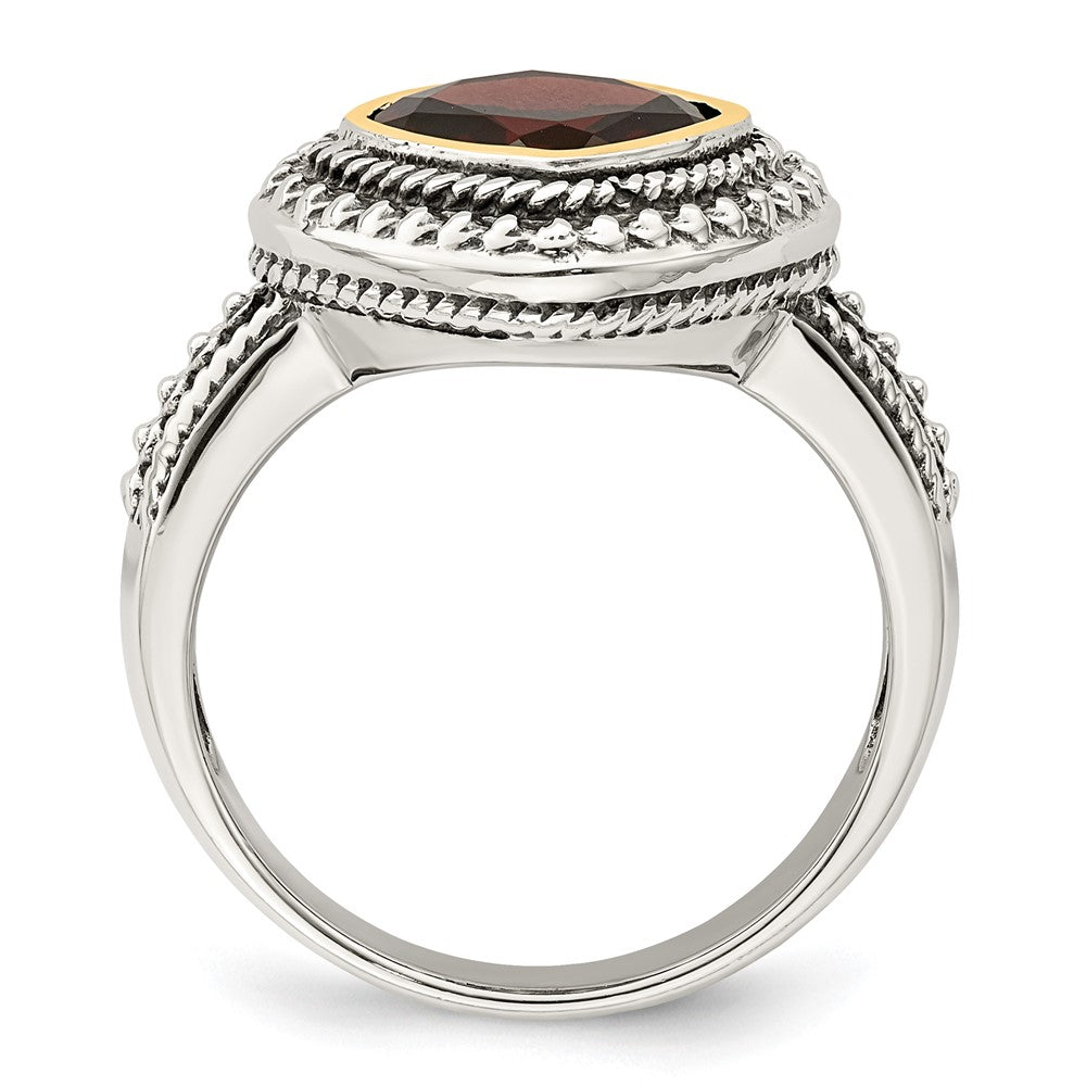 14K/Silver Two Tone Shey Couture Sterling Silver With 14K Accent Antiqued Cushion Bezel Garnet Ring