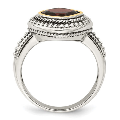 14K/Silver Two Tone Shey Couture Sterling Silver With 14K Accent Antiqued Cushion Bezel Garnet Ring