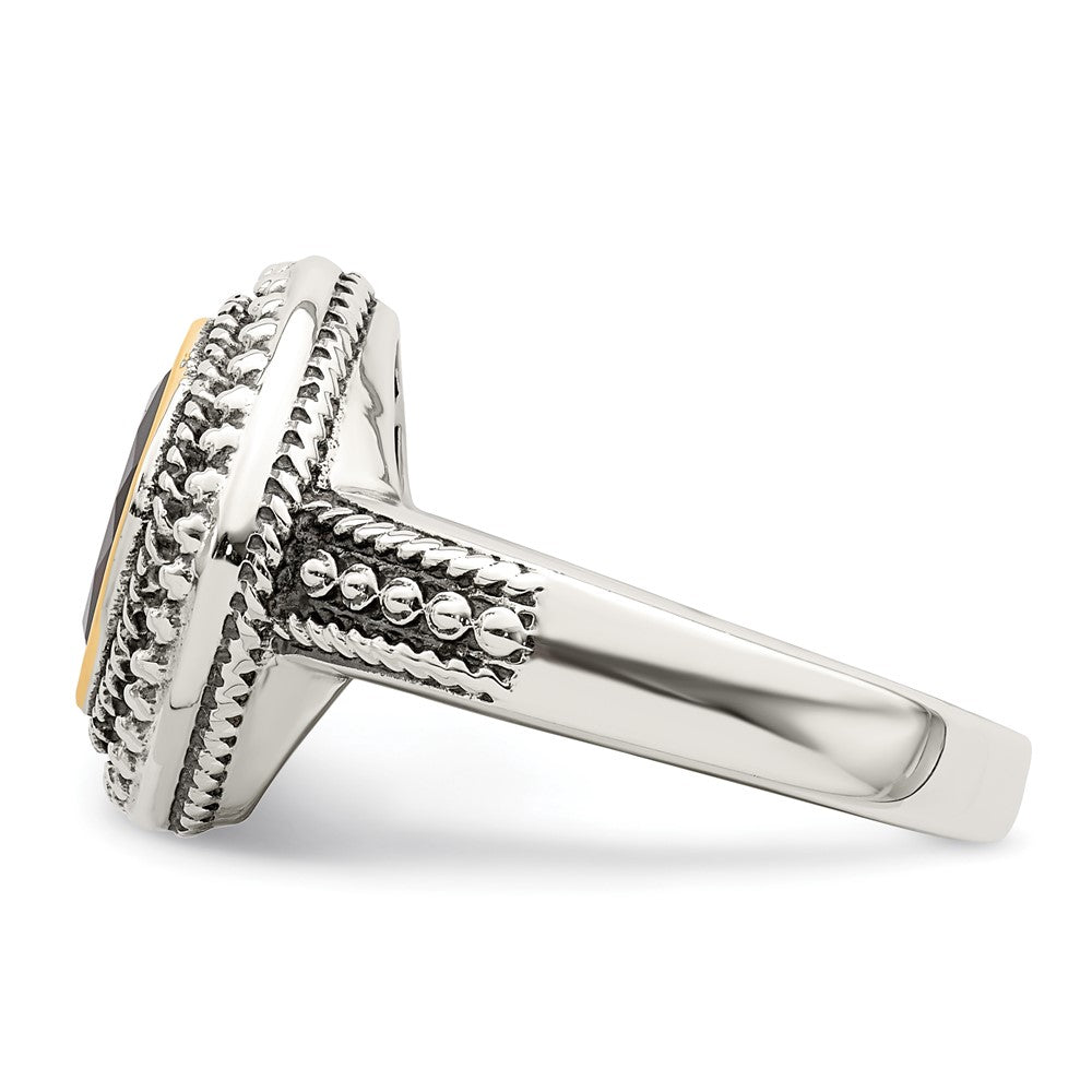 14K/Silver Two Tone Shey Couture Sterling Silver With 14K Accent Antiqued Cushion Bezel Garnet Ring