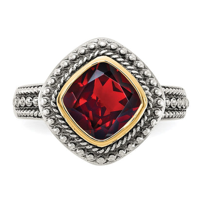14K/Silver Two Tone Shey Couture Sterling Silver With 14K Accent Antiqued Cushion Bezel Garnet Ring
