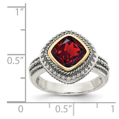 14K/Silver Two Tone Shey Couture Sterling Silver With 14K Accent Antiqued Cushion Bezel Garnet Ring