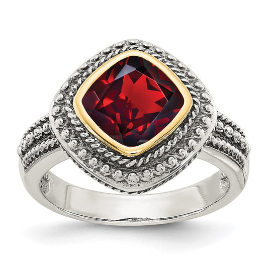 14K/Silver Two Tone Shey Couture Sterling Silver With 14K Accent Antiqued Cushion Bezel Garnet Ring