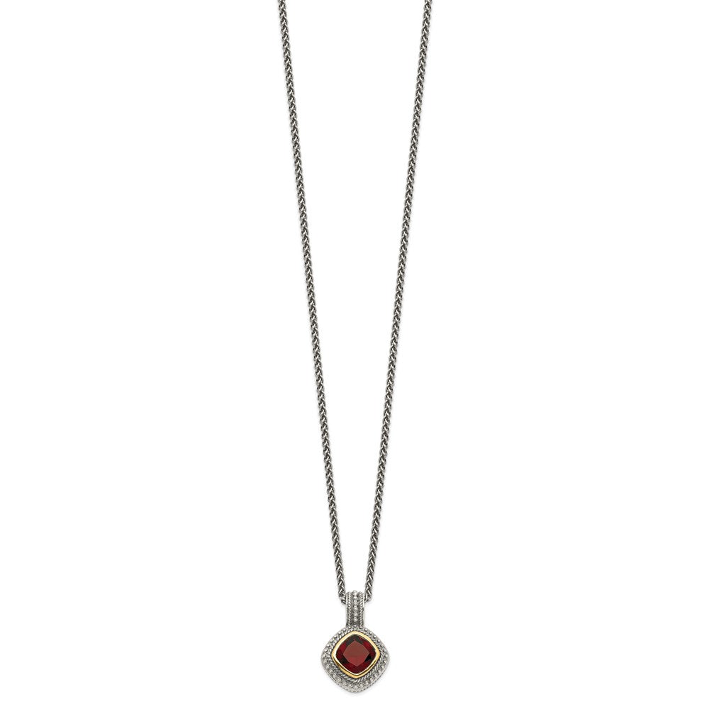 14K/Silver Two Tone Shey Couture Sterling Silver With 14K Accent 18 Inch Antiqued Cushion Bezel Garnet Necklace