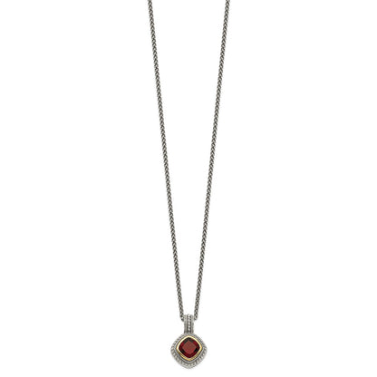 14K/Silver Two Tone Shey Couture Sterling Silver With 14K Accent 18 Inch Antiqued Cushion Bezel Garnet Necklace