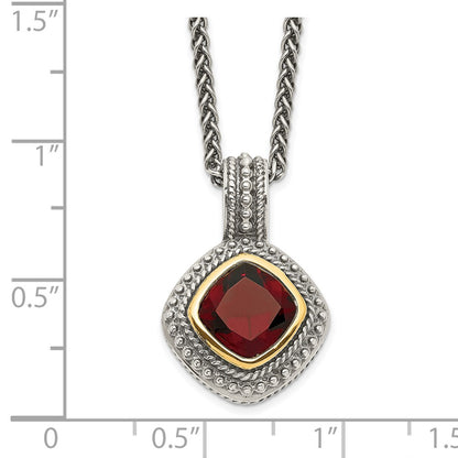 14K/Silver Two Tone Shey Couture Sterling Silver With 14K Accent 18 Inch Antiqued Cushion Bezel Garnet Necklace