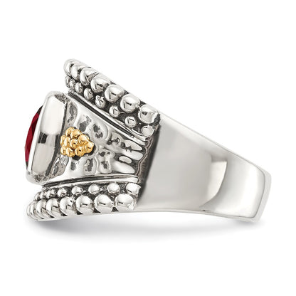 14K/Silver Two Tone Shey Couture Sterling Silver With 14K Accent Antiqued Cushion Bezel Garnet Ring