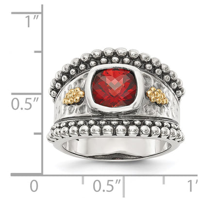 14K/Silver Two Tone Shey Couture Sterling Silver With 14K Accent Antiqued Cushion Bezel Garnet Ring