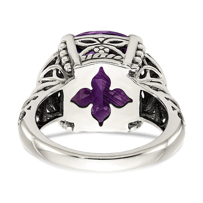 14K/Silver Two Tone Shey Couture Sterling Silver With 14K Accent Antiqued Cushion Amethyst Ring