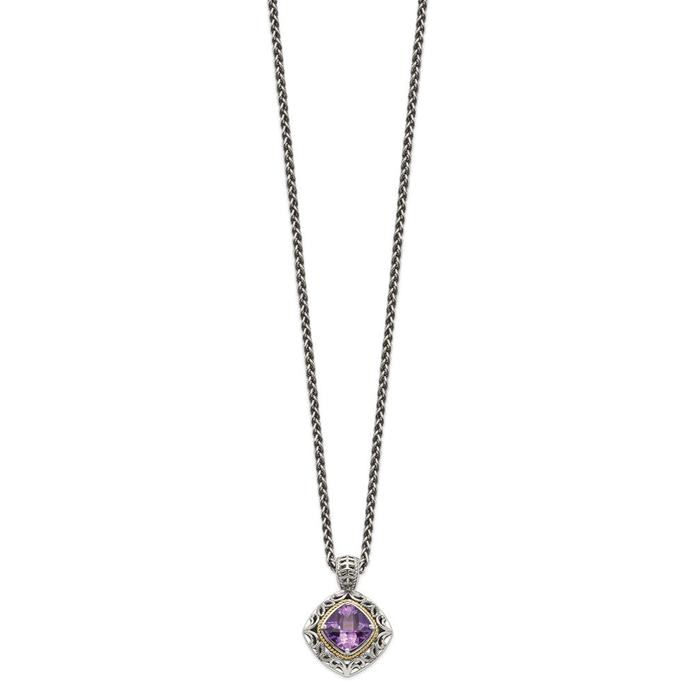 14K/Silver Two Tone Shey Couture Sterling Silver With 14K Accent 18 Inch Antiqued Cushion Amethyst Necklace