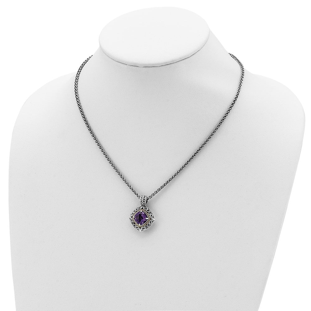 14K/Silver Two Tone Shey Couture Sterling Silver With 14K Accent 18 Inch Antiqued Cushion Amethyst Necklace