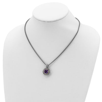14K/Silver Two Tone Shey Couture Sterling Silver With 14K Accent 18 Inch Antiqued Cushion Amethyst Necklace