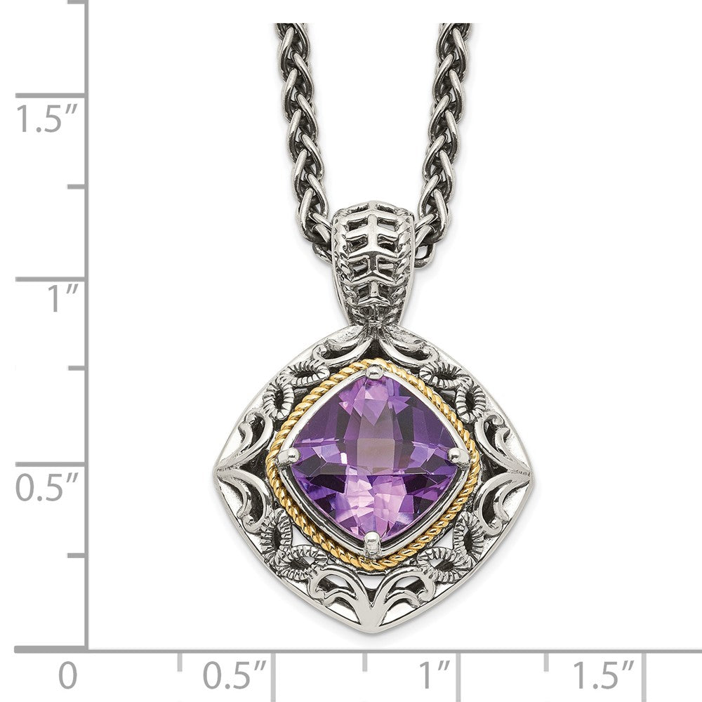 14K/Silver Two Tone Shey Couture Sterling Silver With 14K Accent 18 Inch Antiqued Cushion Amethyst Necklace