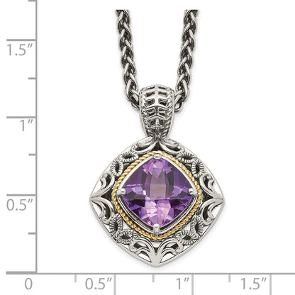 14K/Silver Two Tone Shey Couture Sterling Silver With 14K Accent 18 Inch Antiqued Cushion Amethyst Necklace