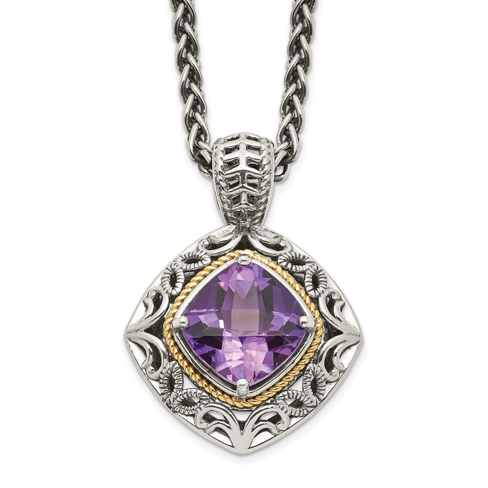 14K/Silver Two Tone Shey Couture Sterling Silver With 14K Accent 18 Inch Antiqued Cushion Amethyst Necklace