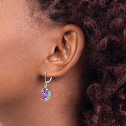 14K/Silver Two Tone Shey Couture Sterling Silver Antiqued With 14K Accent Cushion Amethyst Leverback Dangle Earrings