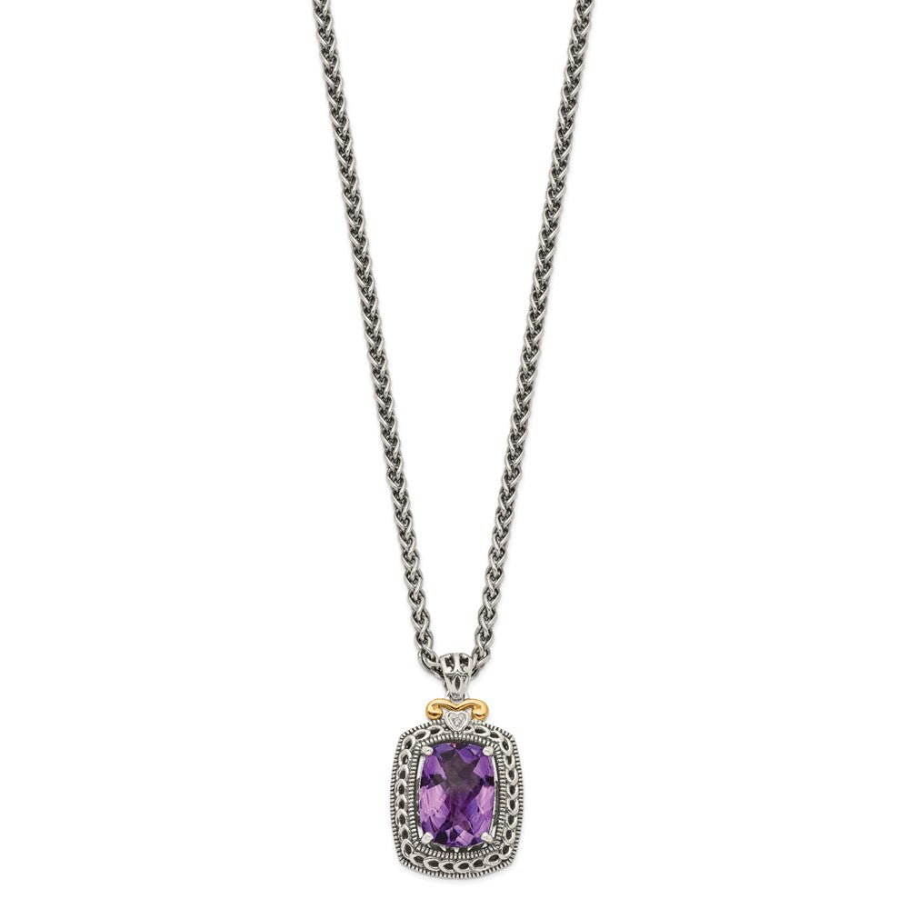 14K/Silver Two Tone Shey Couture Sterling Silver With 14K Accent 18 Inch Antiqued Checkerboard Cut Cushion Amethyst And Diamond Necklace