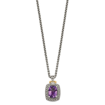 14K/Silver Two Tone Shey Couture Sterling Silver With 14K Accent 18 Inch Antiqued Checkerboard Cut Cushion Amethyst And Diamond Necklace