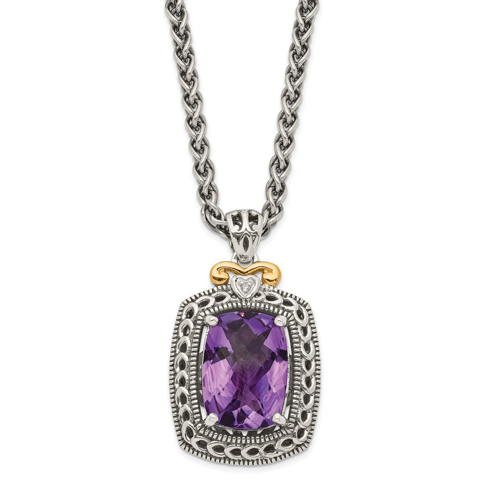 14K/Silver Two Tone Shey Couture Sterling Silver With 14K Accent 18 Inch Antiqued Checkerboard Cut Cushion Amethyst And Diamond Necklace