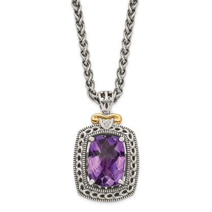 14K/Silver Two Tone Shey Couture Sterling Silver With 14K Accent 18 Inch Antiqued Checkerboard Cut Cushion Amethyst And Diamond Necklace