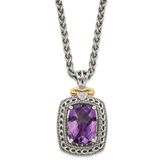 14K/Silver Two Tone Shey Couture Sterling Silver With 14K Accent 18 Inch Antiqued Checkerboard Cut Cushion Amethyst And Diamond Necklace