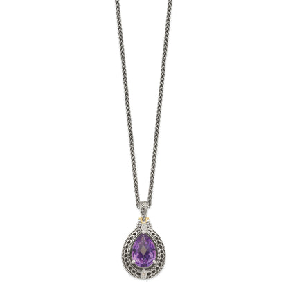 14K/Silver Two Tone Shey Couture Sterling Silver With 14K Accent 18 Inch Antiqued Diamond And Pear Shaped Amethyst Necklace