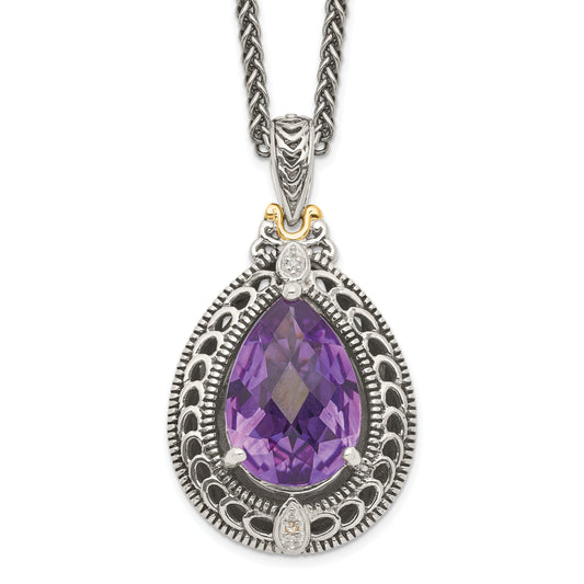 14K/Silver Two Tone Shey Couture Sterling Silver With 14K Accent 18 Inch Antiqued Diamond And Pear Shaped Amethyst Necklace
